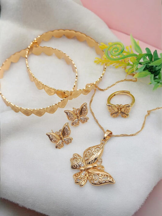 🔥Combo Set Zircon Gold Butterfly Pendant Necklace Ring Earings 🔥