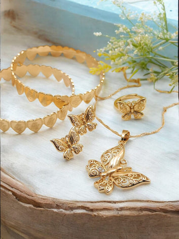 🔥Combo Set Zircon Gold Butterfly Pendant Necklace Ring Earings 🔥