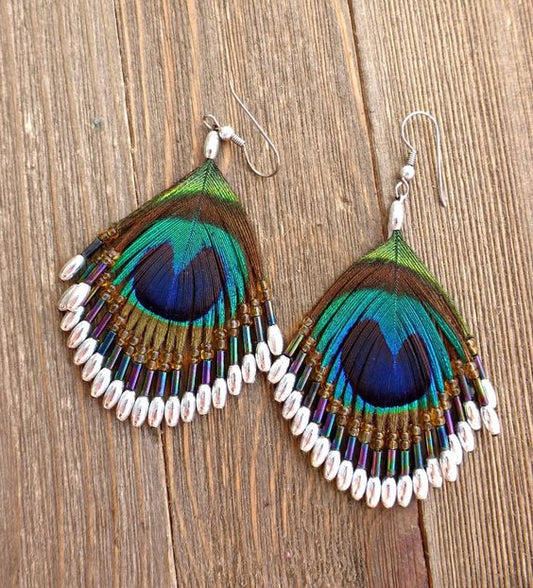 Beaded Peacock sterling silver metal earrings